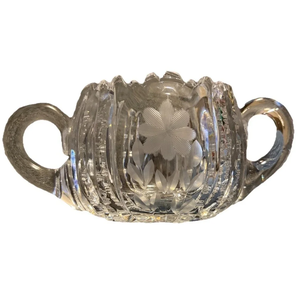 Vtg Heavy Cut Crystal Creamer & Sugar Set‎ Etched Floral Double Handle Sugar